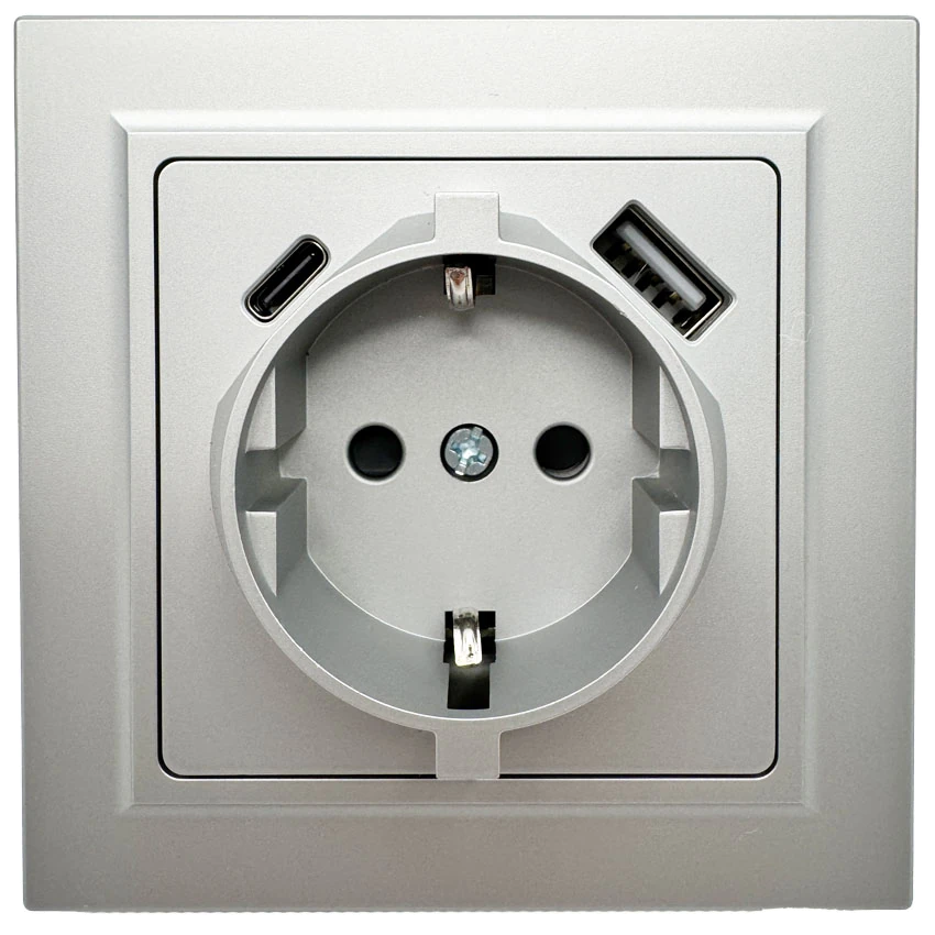 Розетка 1-я с/з с шторками с USB и TYPE C (5В, 2.1А) серебро Софт-тач
